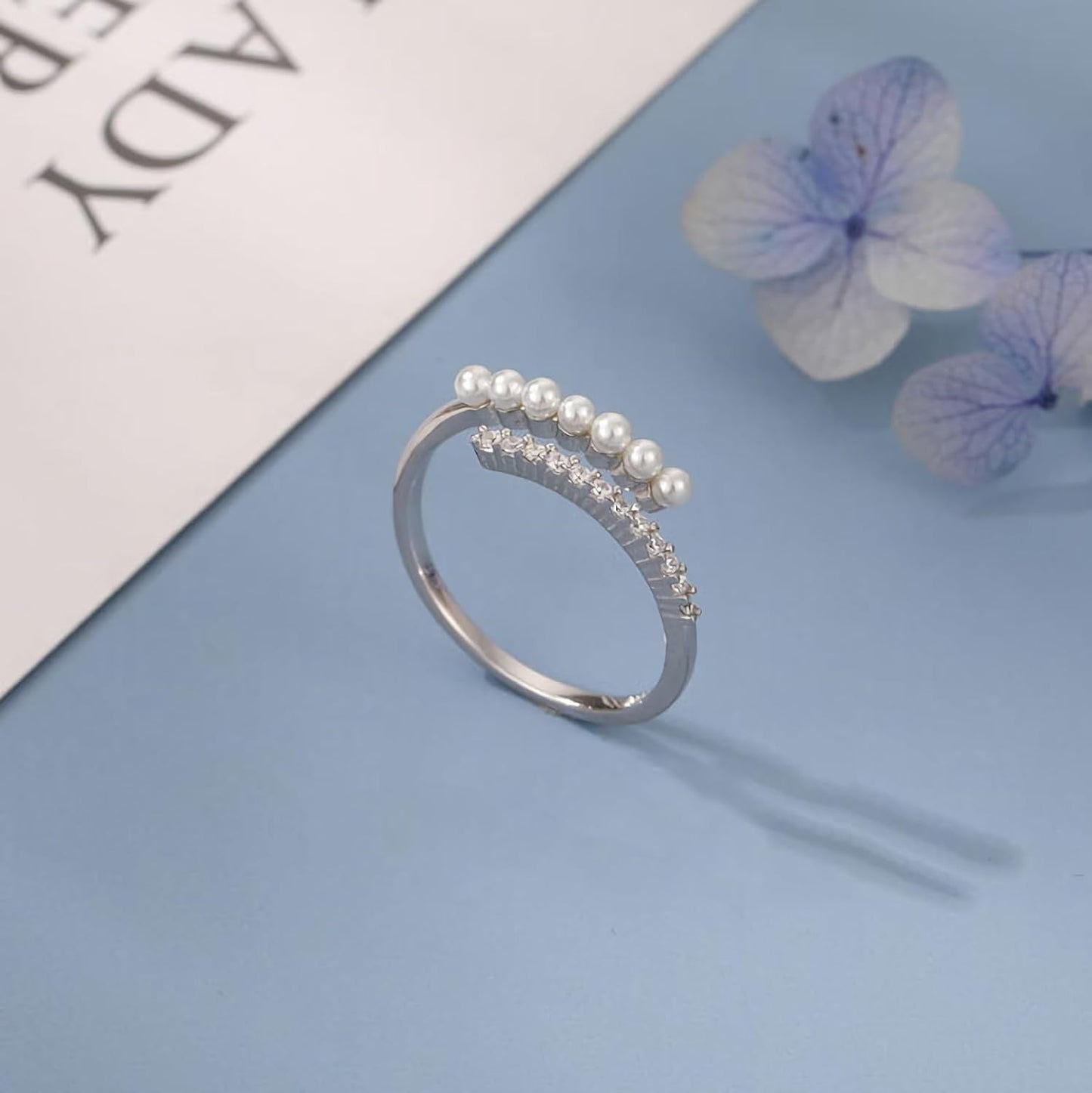 Pearl Rings for Women Dainty 925 Sterling Silver Gold Pearl Ring Stackable CZ Adjustable Open Wrap Ring Fashion Statement Wedding Band Ring Jewelry Birthday Summer Ocean Gifts for Her