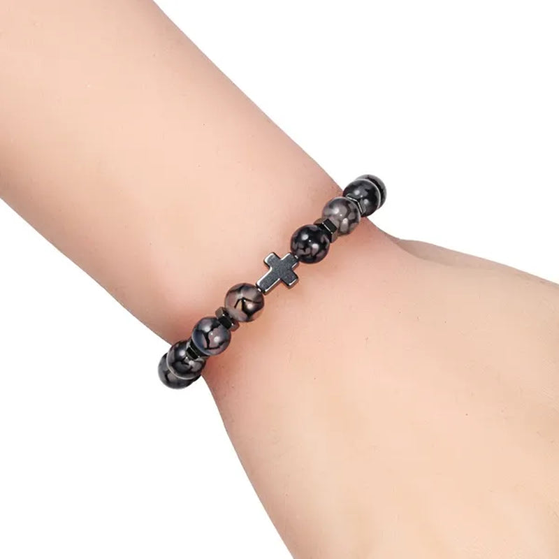 Hot Men Natural Tiger Eye Beads Hematite Cross Bracelets Onyx Meditation Prayer Bead Bracelet Women Stone Yoga Jewelry Homme