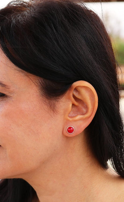 Sterling Silver 925 round 9.8Mm Natural Red Coral Tiny Handmade Stud Earrings for Women
