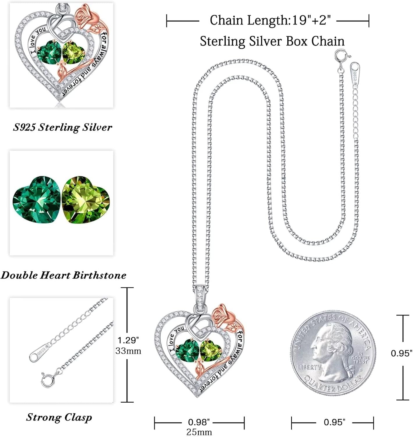 Rose Heart Necklace Gifts for Wife Women - 925 Sterling Silver Double Birthstone Necklace, Anniversary Birthday Gifts for Women, Jewelry Gifts for Wife Girlfriend Mom Her