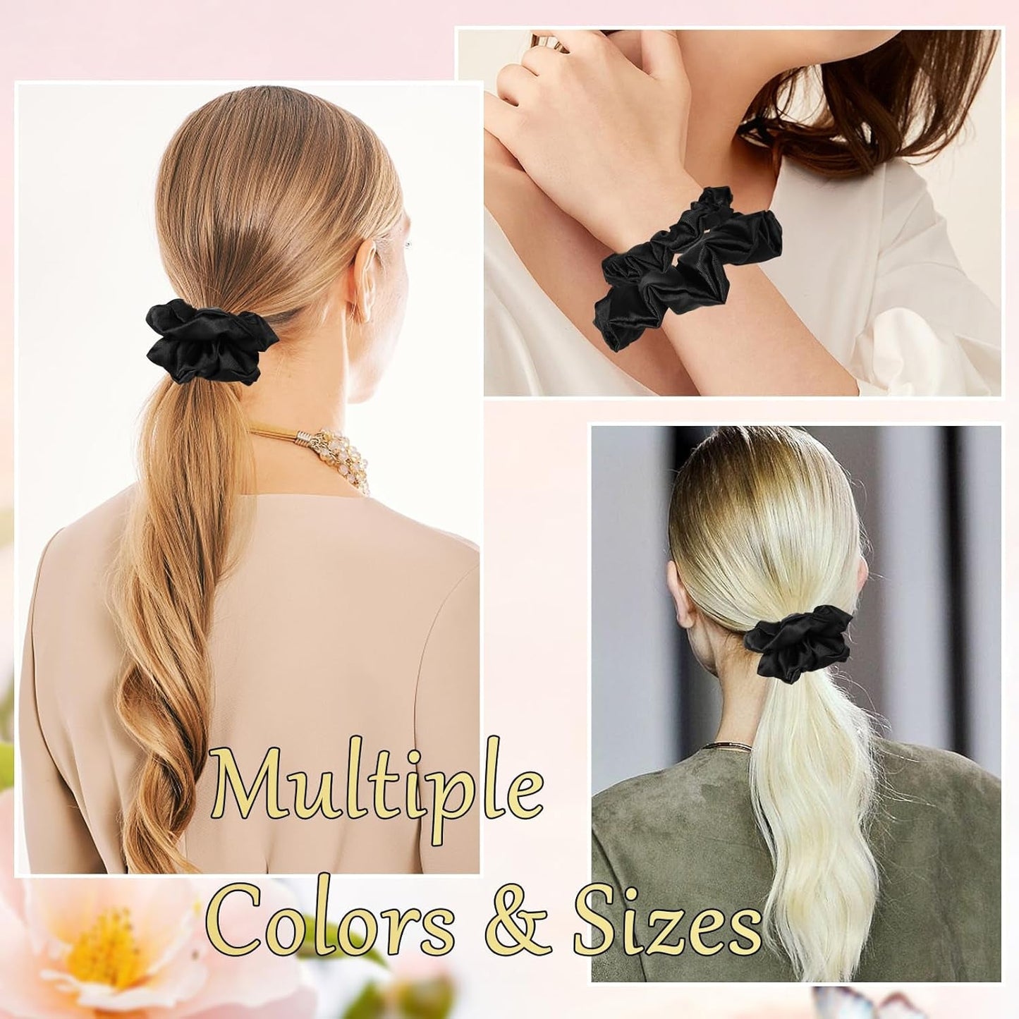 6 Pack Satin Scrunchies - Assorted Sizes, Soft and Stylish Hair Scrunchies and Bands for Women and Girls, Black
