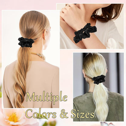 6 Pack Satin Scrunchies - Assorted Sizes, Soft and Stylish Hair Scrunchies and Bands for Women and Girls, Black