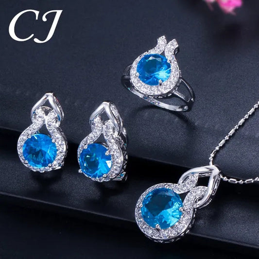 CANDICE Fashion Party Jewelry Set Sterling Silver Round Cut Blue Crystal Pendant Necklace Earrings Ring Set For Lady