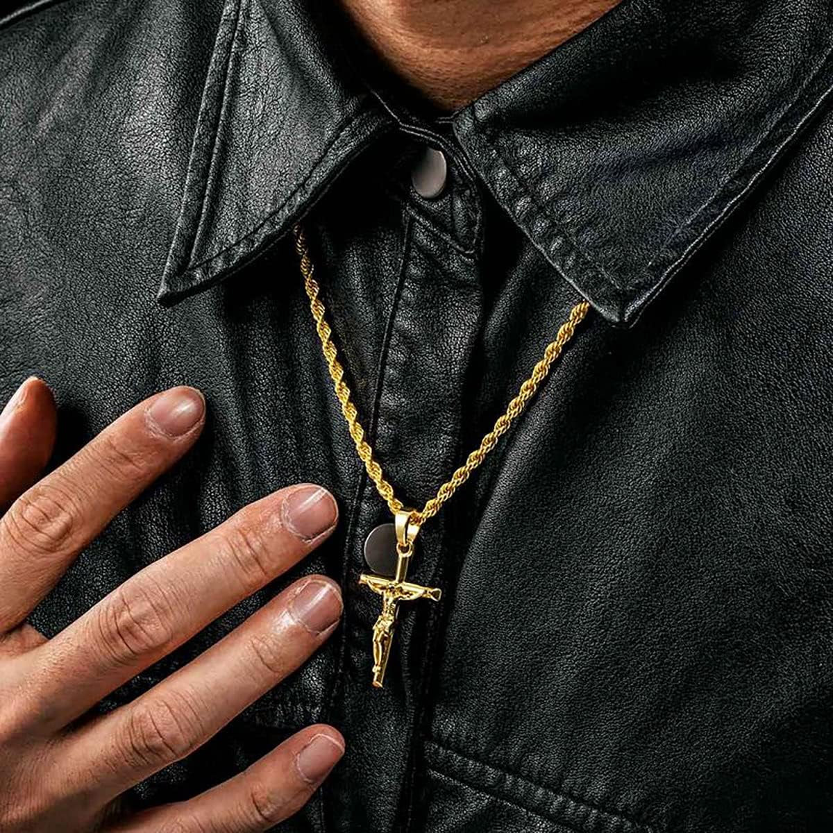 Crucifix Cross Necklace 18K Gold Plated Cross Pendant with 3Mm 22" Rope Chain for Men Women
