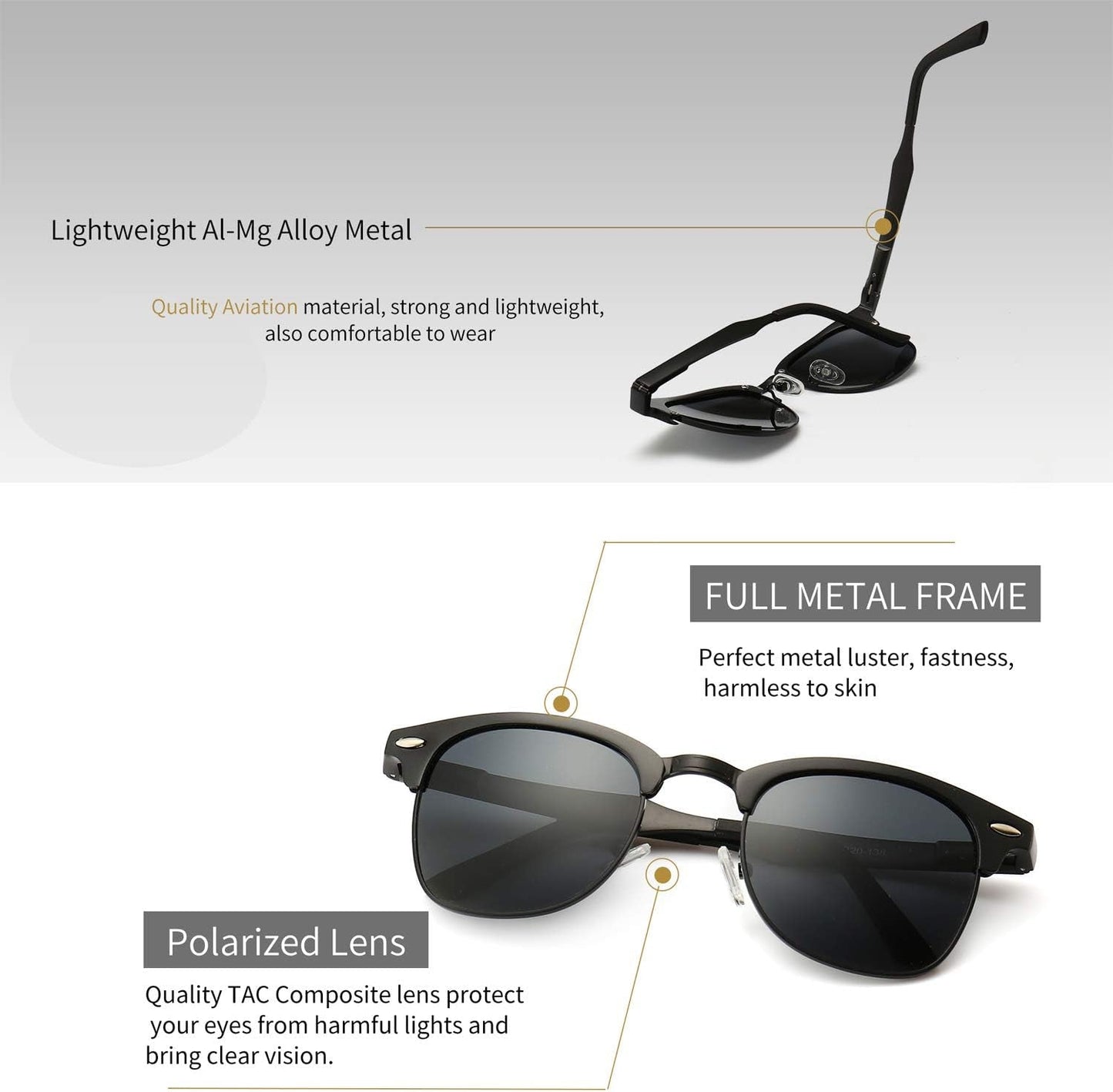 Polarized Sunglasses for Men and Women, Classic Half-Frame Retro Shades for Driving, Travel, and Outdoor Activities