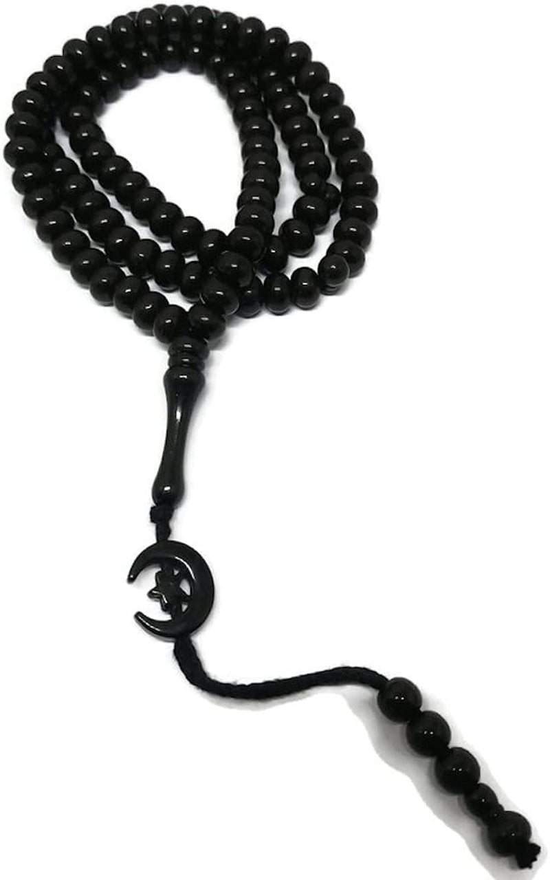 Islam Prayer Tasbih 99 Beads AMN-303 Muslim 8 Mm. Rosary Bead Moon Star Decorated Tassels Haj Eid Ramadan Gift (Black)