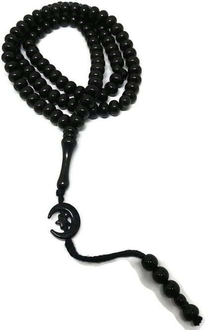 Islam Prayer Tasbih 99 Beads AMN-303 Muslim 8 Mm. Rosary Bead Moon Star Decorated Tassels Haj Eid Ramadan Gift (Black)
