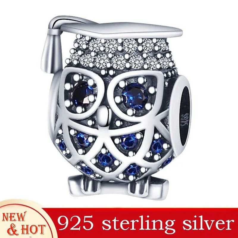 925 Sterling Silver Cute Animal Owl & Graduation Hat Charm Fit Charm Bracelets DIY