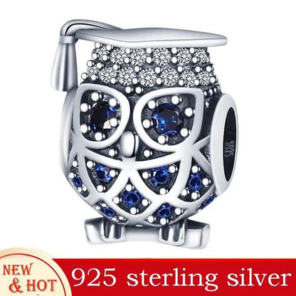 925 Sterling Silver Cute Animal Owl & Graduation Hat Charm Fit Charm Bracelets DIY