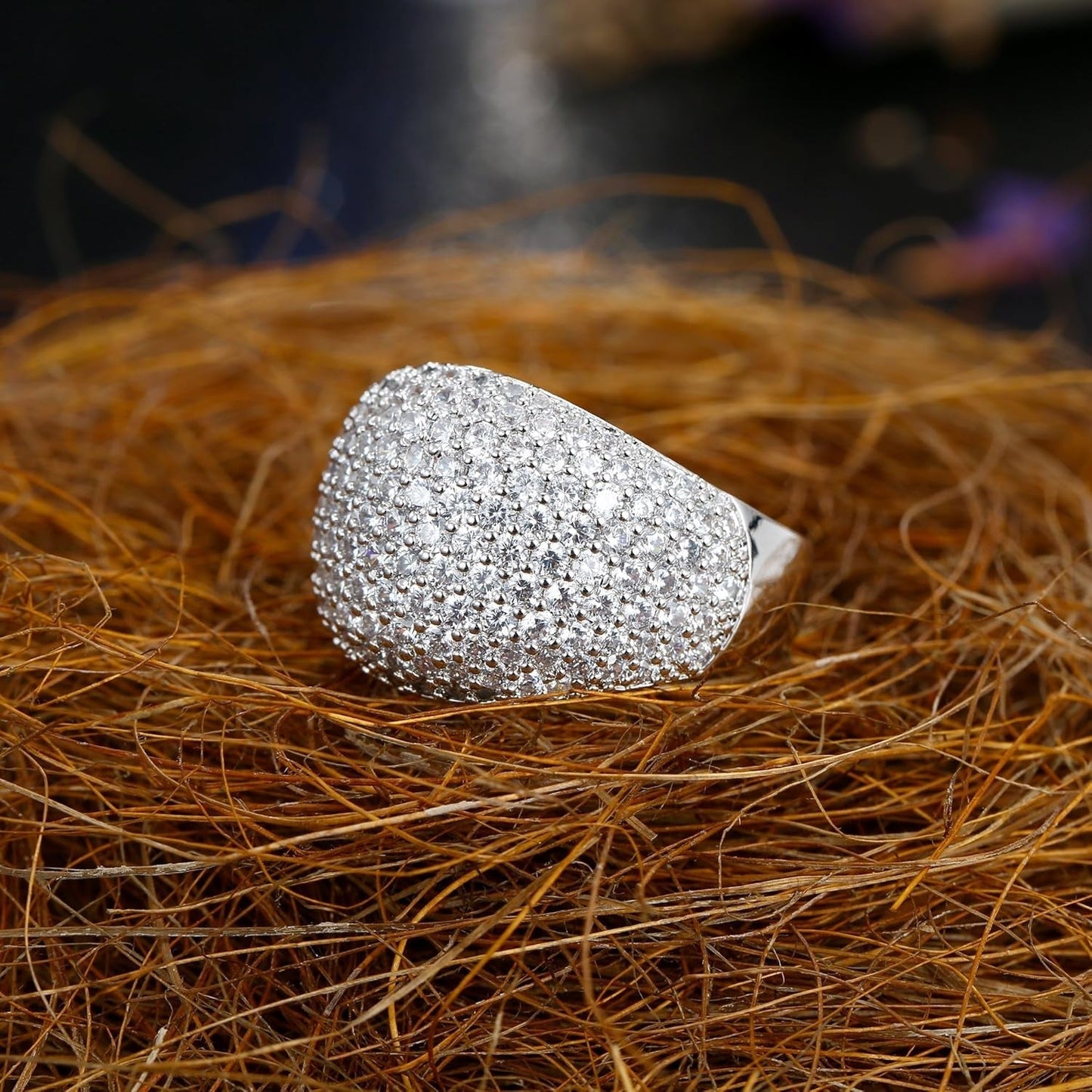 Diamond Accent Dome Ring - Sliver Fashion Rings for Women Big Hollow Women Wedding Band Cubic Zirconia Statement Rings for Women 5-11