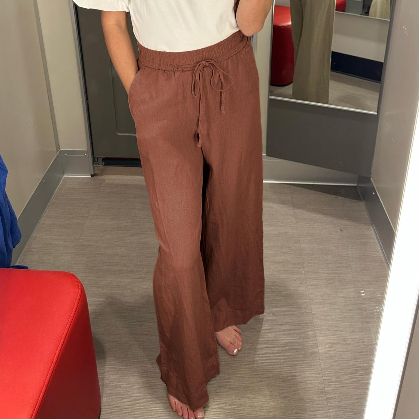 Womens Cotton Linen Palazzo Pants Drawstring Elastic Waist Casual Wide Leg Trousers with Pockets