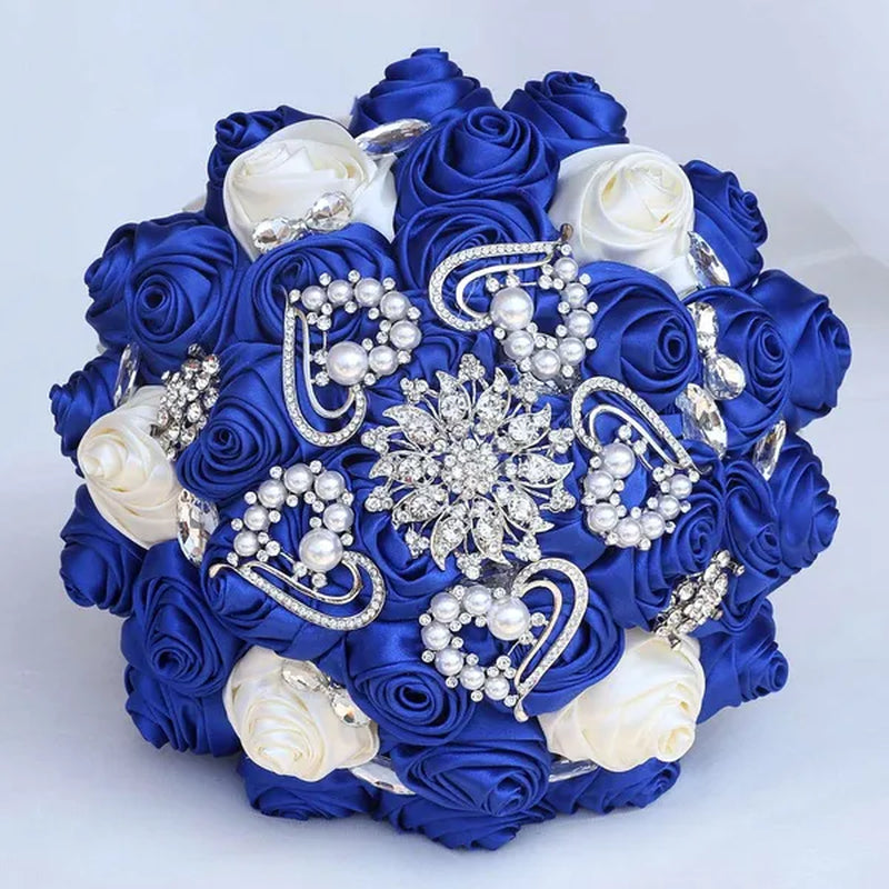 Exquisitely Handmade Ribbon Diamond Bridesmaids Holding Flowers 21CM Pearl Rhinestone Brooch Bridal Bouquet Artificial Silk Rose Wedding Flower Bouquet