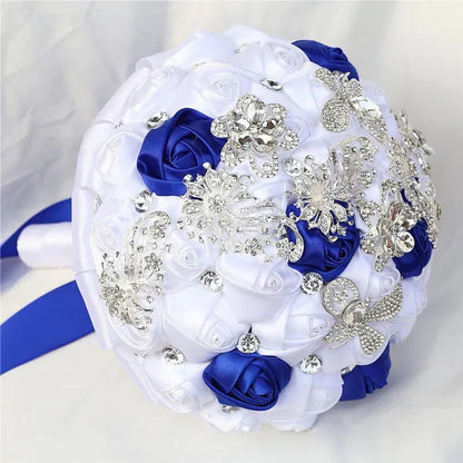 21CM Silver Rhinestone Bridal Hand Flowers Ribbon Wedding Hand Bouquet Mixed Color Silk Rose Diamond Brooch Bridesmaid Bouquet Wedding Supplies