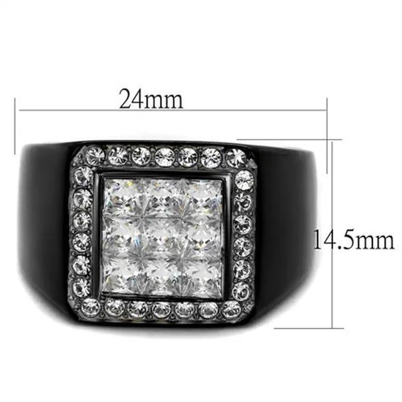 Men's Princess Cut Simulated Diamond Stainless Steel Black Plated Ring Size 8-13