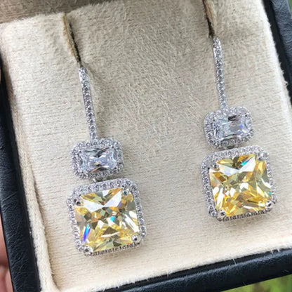 Fashion Women Square Citrine Vice Stone Diamond Earring Silver Plated White Sapphire Drop Earring Girl Wedding Anniversary Gift
