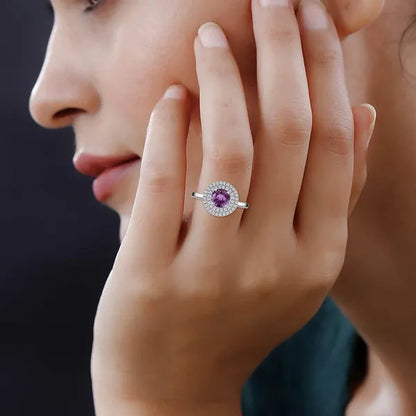 Shop LC Her ILIANA 18K White Gold round AAA Pink Sapphire Birthstone Real Diamond Double Halo Ring Engagement Anniversary Bridal Wedding Gift Ct 1.1 G-H Color Si1 Clarity
