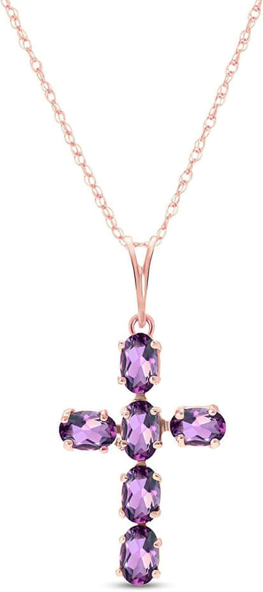 14K Gold Natural Purple Amethyst Cross Pendant Necklace