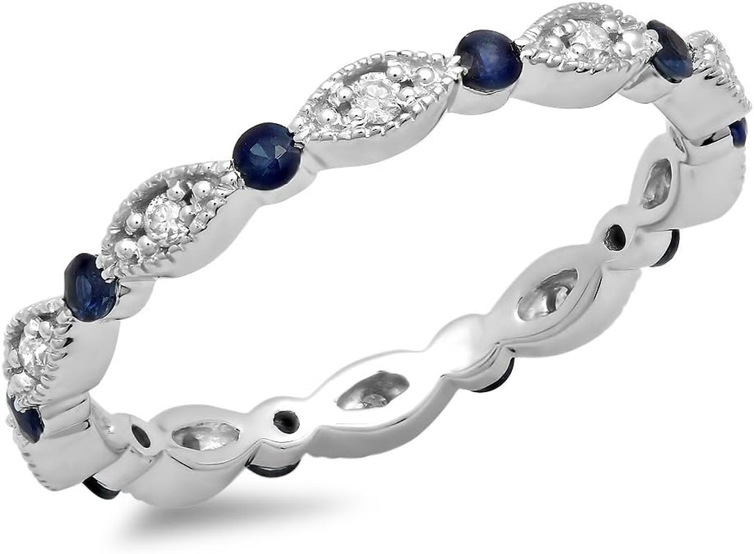 10K Gold round Blue Sapphire & White Diamond Ladies Wedding Eternity Band Stackable Ring