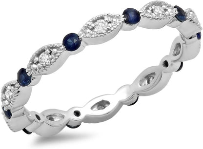 10K Gold round Blue Sapphire & White Diamond Ladies Wedding Eternity Band Stackable Ring