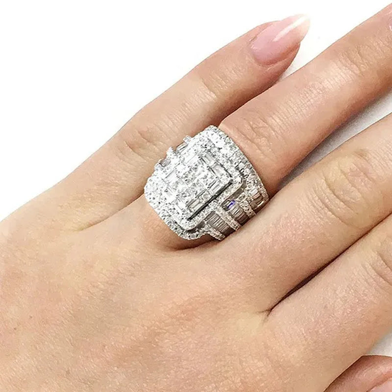 2pcs 100% Original 925 Silver Wedding Band Rings Princess Cut Zirconia Diamond Rings Set for Elegant Women Bridal Lover Rings Gifts Size5-11