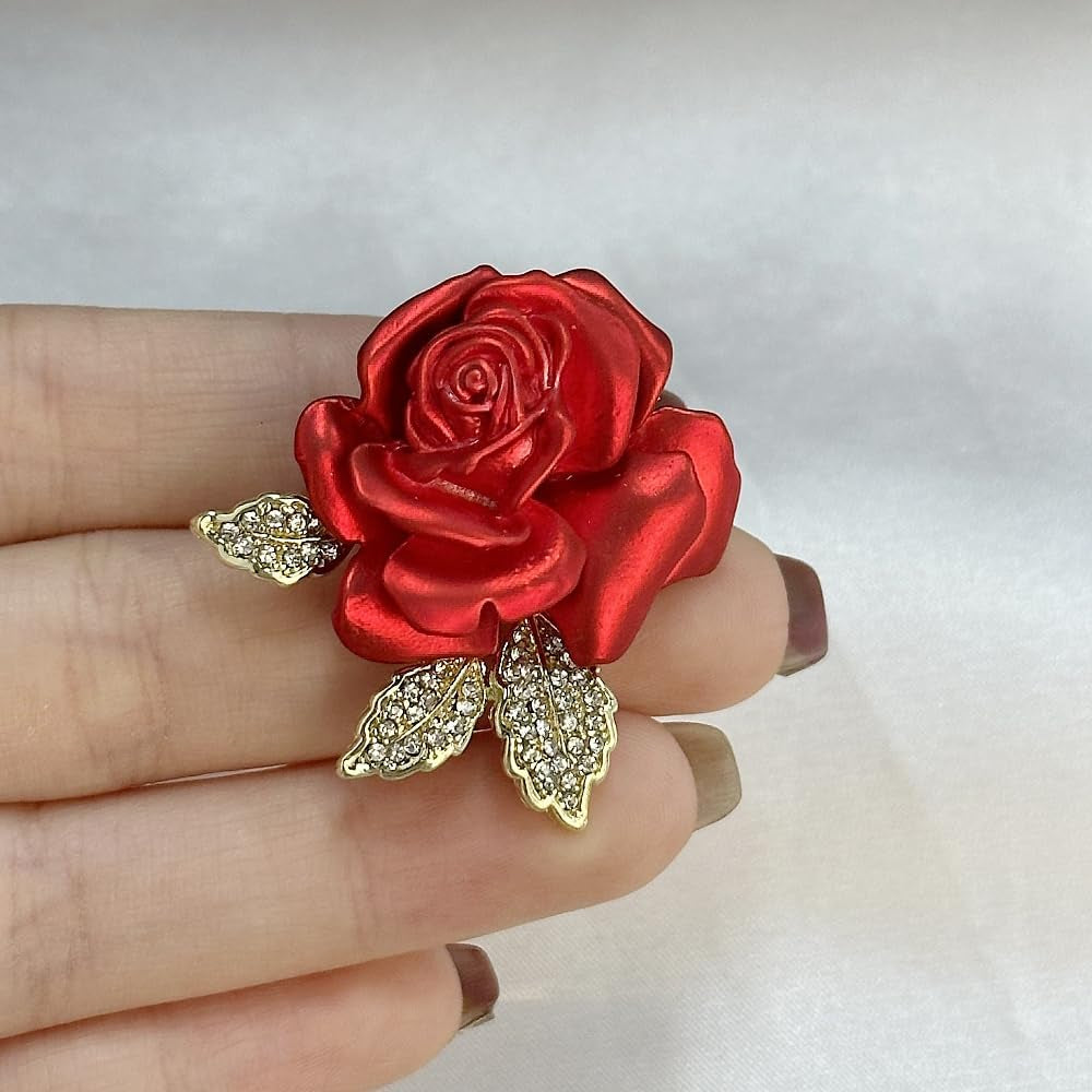 Enamel Rose Flower Brooch Pin for Women Girls Gold Plated Elegant Crystal Red Creative 3D Floral Dainty Dress Accessories Valentine Mother Birthday Jewelry