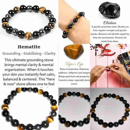 Men's Fashion Natural Stone Bracelet Tiger Eye Triple Protection Hematite and Black Obsidian Bracelet Gift Jewelry