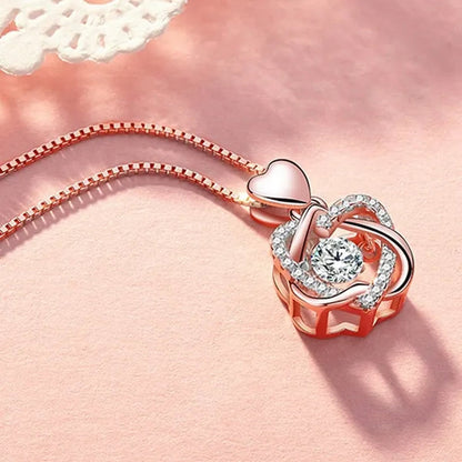 Fashion Romantic Double Heart Diamond Heartbeat Necklace Sapphire Flower Pendant Necklace with Zircon Rose Necklace for Women Engagement Jewelry