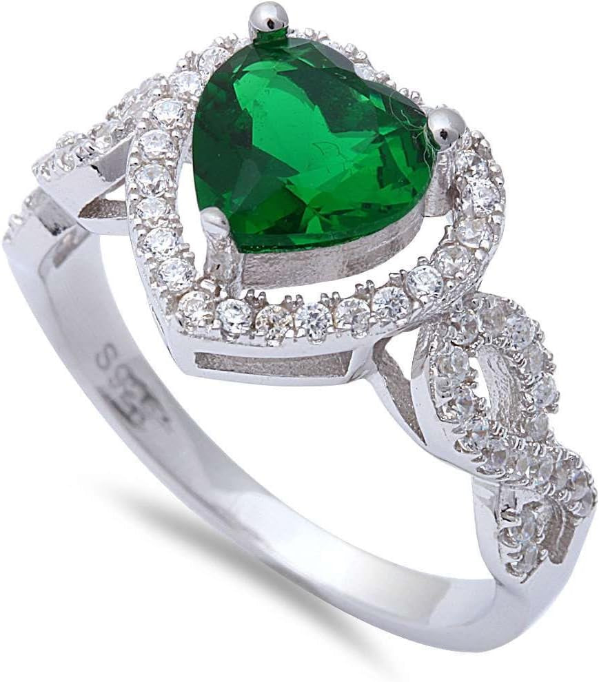 Heart Simulated Green Emerald & Cubic Zirconia .925 Sterling Silver Ring Sizes 5-10 - WORLD TIME VISITS