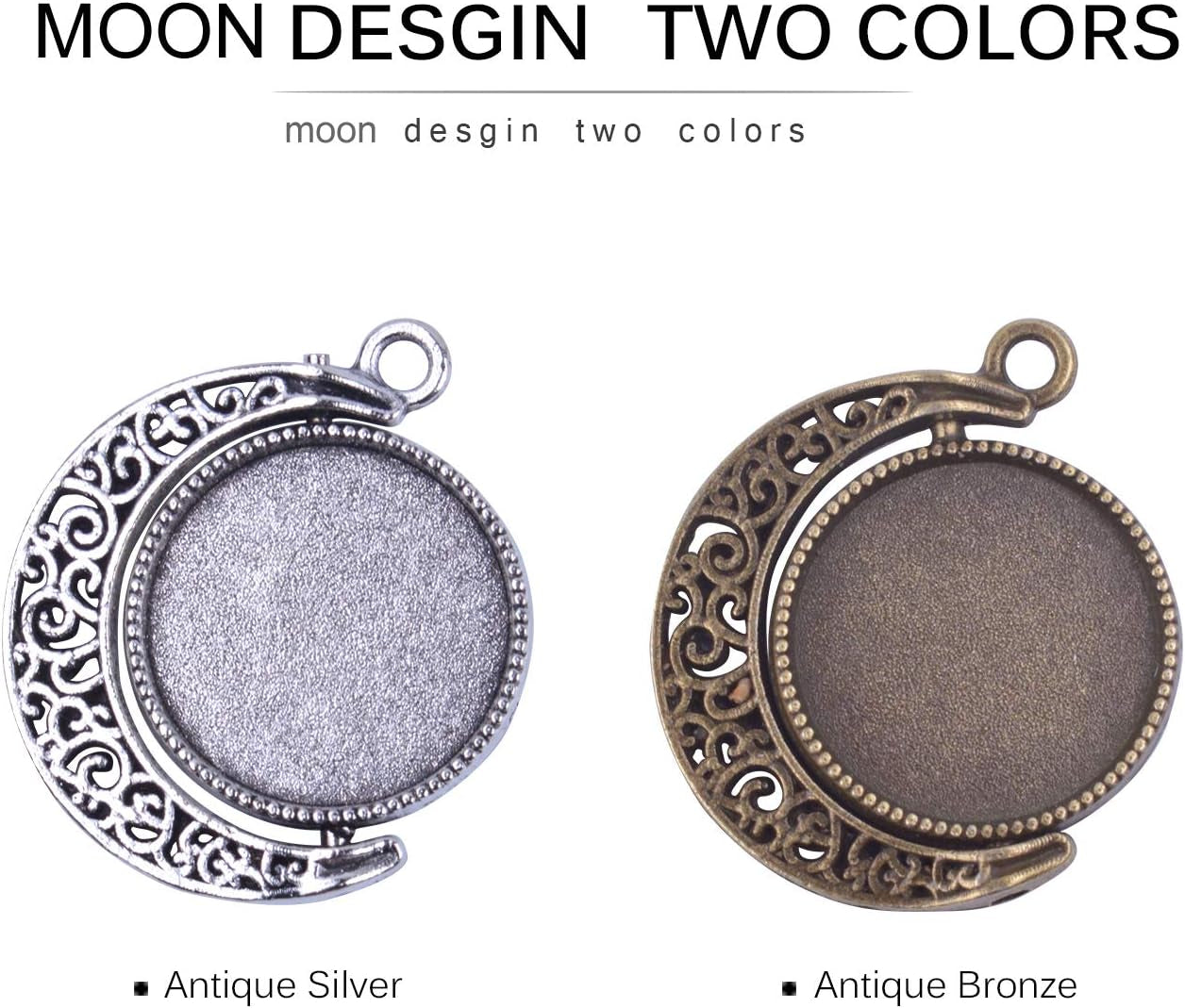 Moon Rotation Double Side Pendant Trays Kits in Box, 12 Pieces Pendant Tray with 24 Pieces Glass Cabochons Clear Dome 18Mm Blank, 2 Colors Bezels