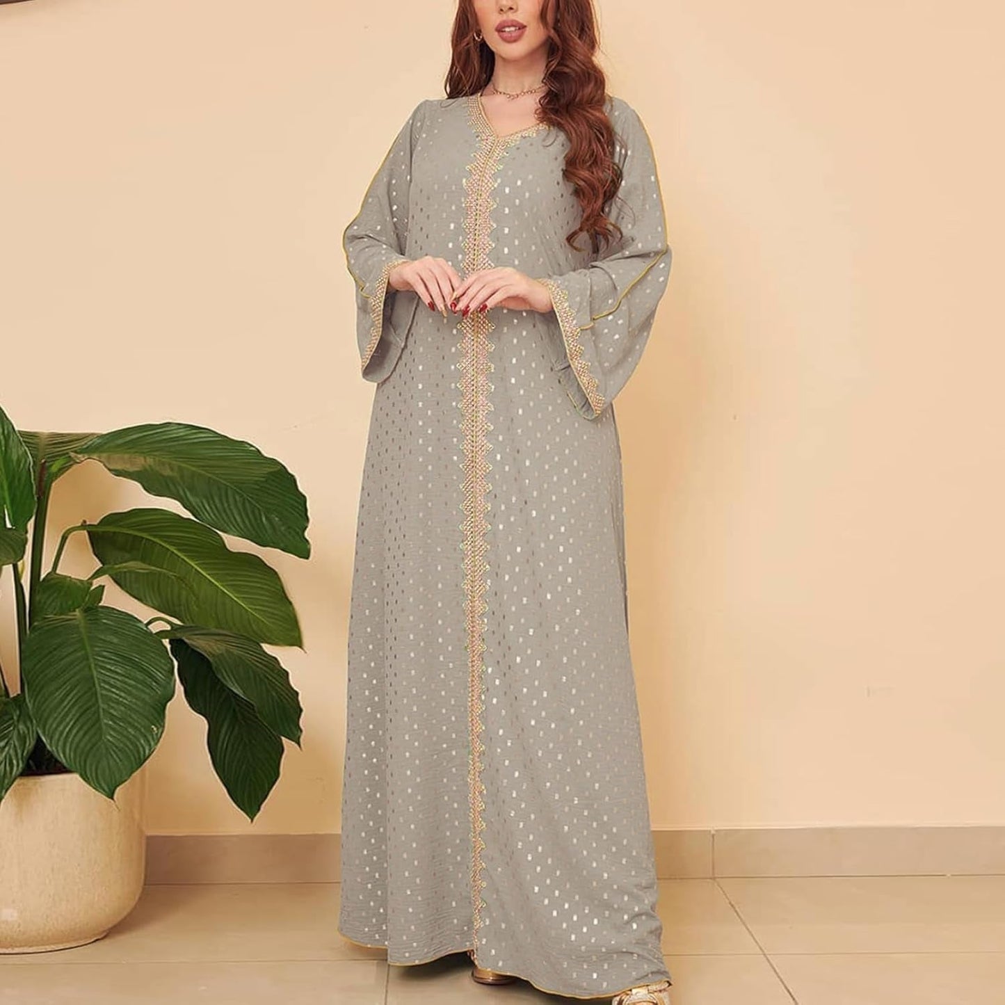Women'S Muslim Abaya Dress V Neck Bronzing Long Sleeves Elegant Prayer Wear Daily Casual Dress