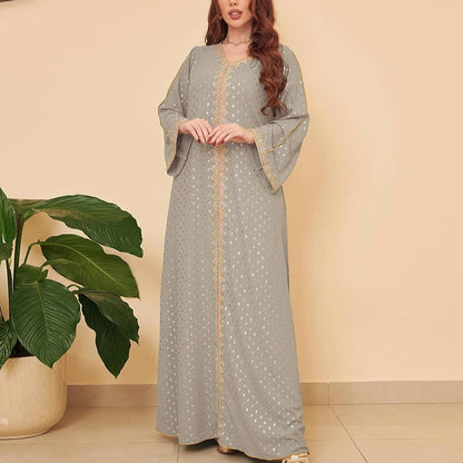 Women'S Muslim Abaya Dress V Neck Bronzing Long Sleeves Elegant Prayer Wear Daily Casual Dress