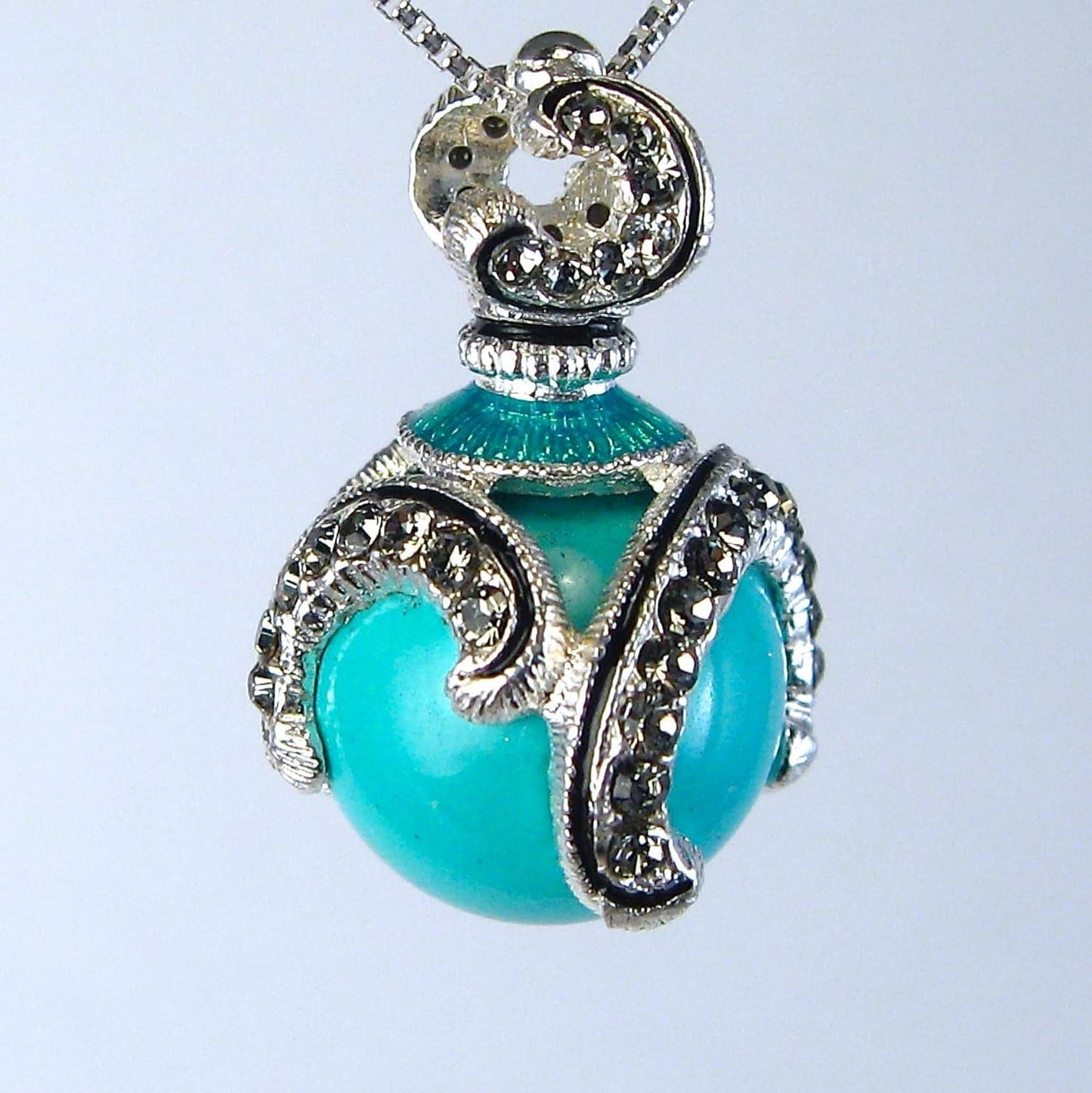 Sterling Silver Necklace Turquoise Pendant Black Diamond Crystals Enamel 24 Inch Chain