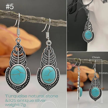 1Pair New Boho Ethnic Earrings for Women with Turquoise Gem Natural Stone Beads Earring Water Drop Hook Earring Vintage Jewelry