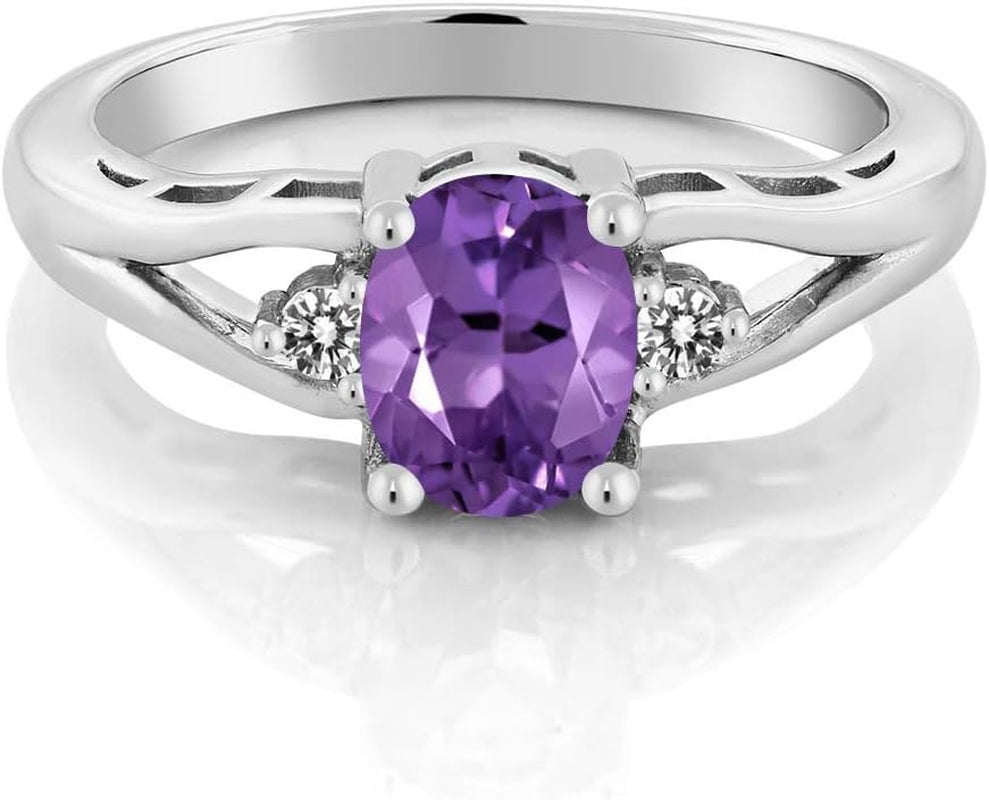 925 Sterling Silver Gemstone Birthstone and Diamond 3 Stone Engagement Ring for Women | Oval 8X6MM | round 2MM | Wedding Engagement Anniversary Promise Ring | Sizes 5-9