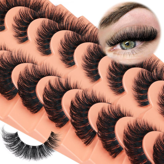 False Eyelashes Russian Strip Lashes Wispy Mink Lashes Fluffy D Curl Fake Lashes like Eyelash Extension Lash Strips 9 Pairs Pack
