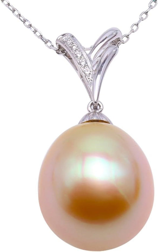 18K Gold Pendant 13X14Mm Oval Golden South Sea Cultured Pearl Pendant Necklace Dotted with Diamonds for Women - WORLD TIME VISITS