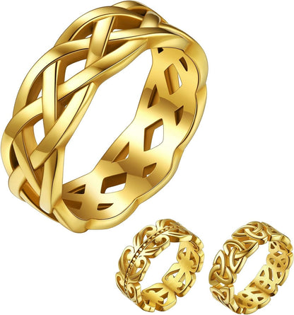 Celtic Rings in Three Classic Style, Solid Stainless Steel Band Ring in Gold/Silver/Black Tone, Simple Celtic Knot Eternity Finger Ring for Friendnship Wedding Engagement Promise