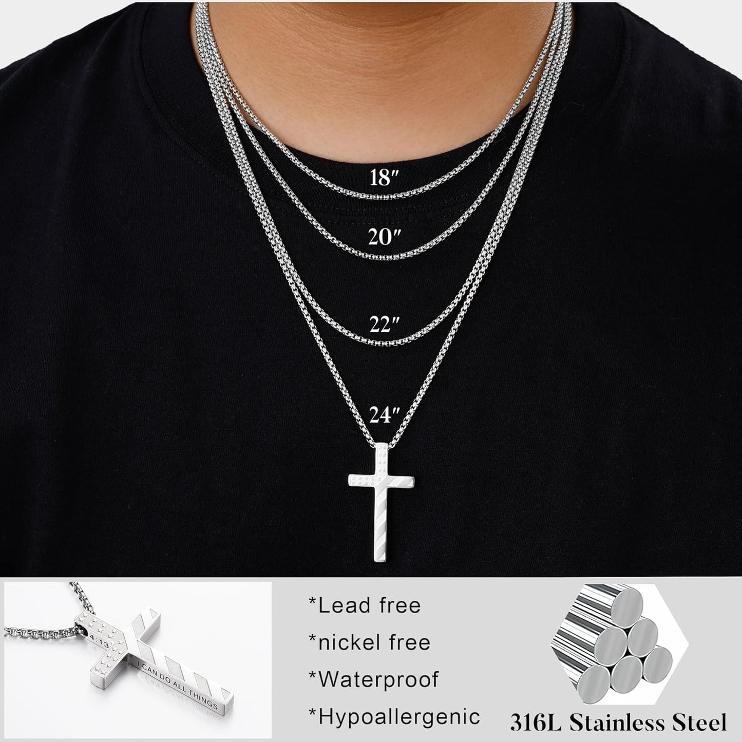 Valentines Day Gifts for Him Men Boys 2 Pcs Cross Necklace - Silver Black Stainless Steel Bible Verse Cross Chain Pendant Necklace for Men Christian First Communion Jewelry Gift 18-24 Inches