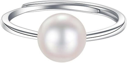 Shell Pearl 925 Sterling Silver Ring for Women Girls Adjustable Expandable round Ball Wedding Statement Finger Rings Comfort Fit Simple Elegant Engagement Promise Birthday Jewelry Gift