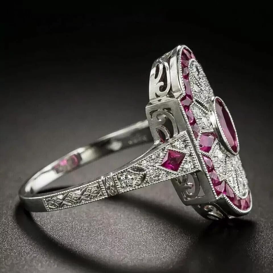 Art Deco Vintage Oval Cut Ruby & Lab Created Diamond 925 Silver Engagement Ring - WORLD TIME VISITS