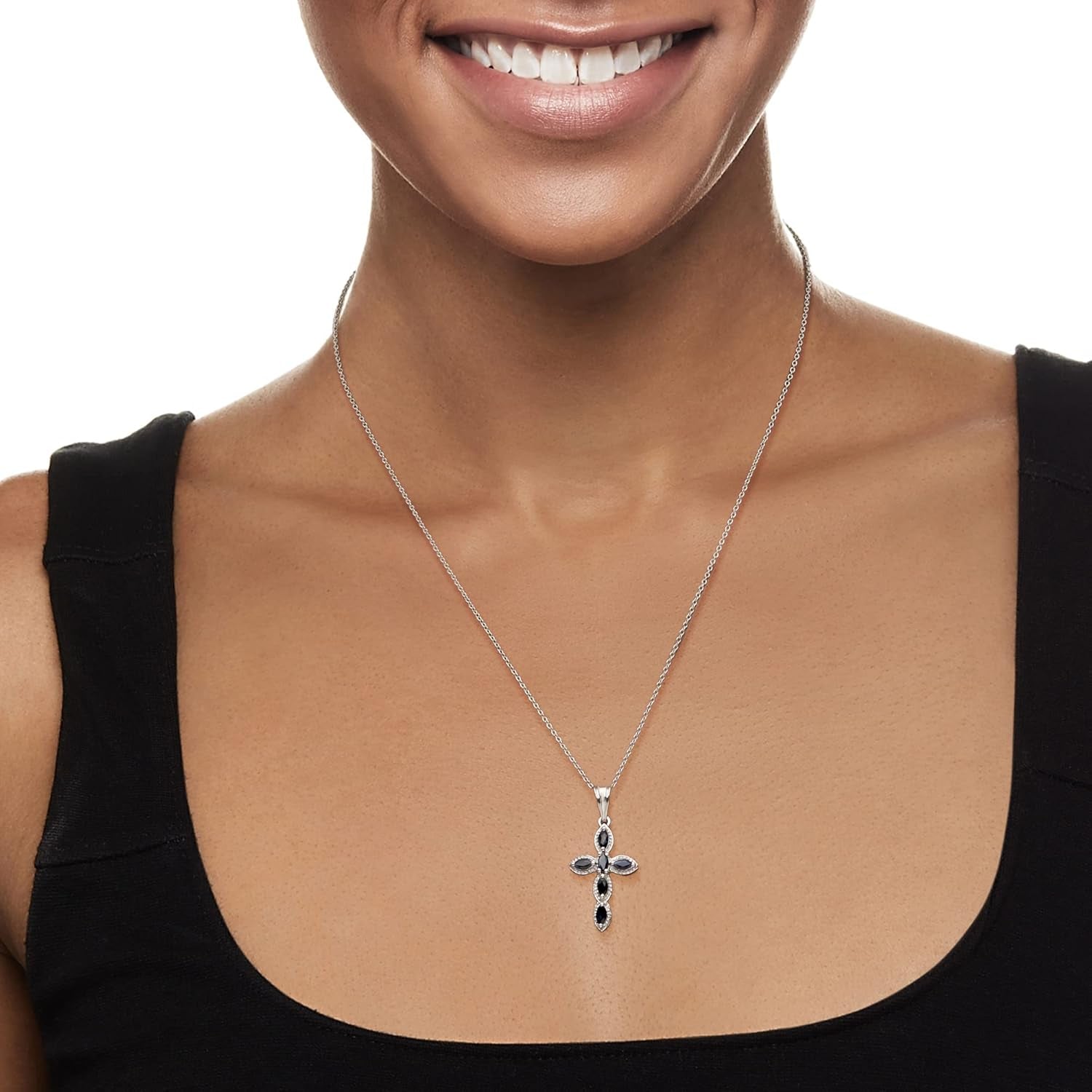 0.80 Ct. T.W. Sapphire Cross Pendant Necklace in Sterling Silver - WORLD TIME VISITS
