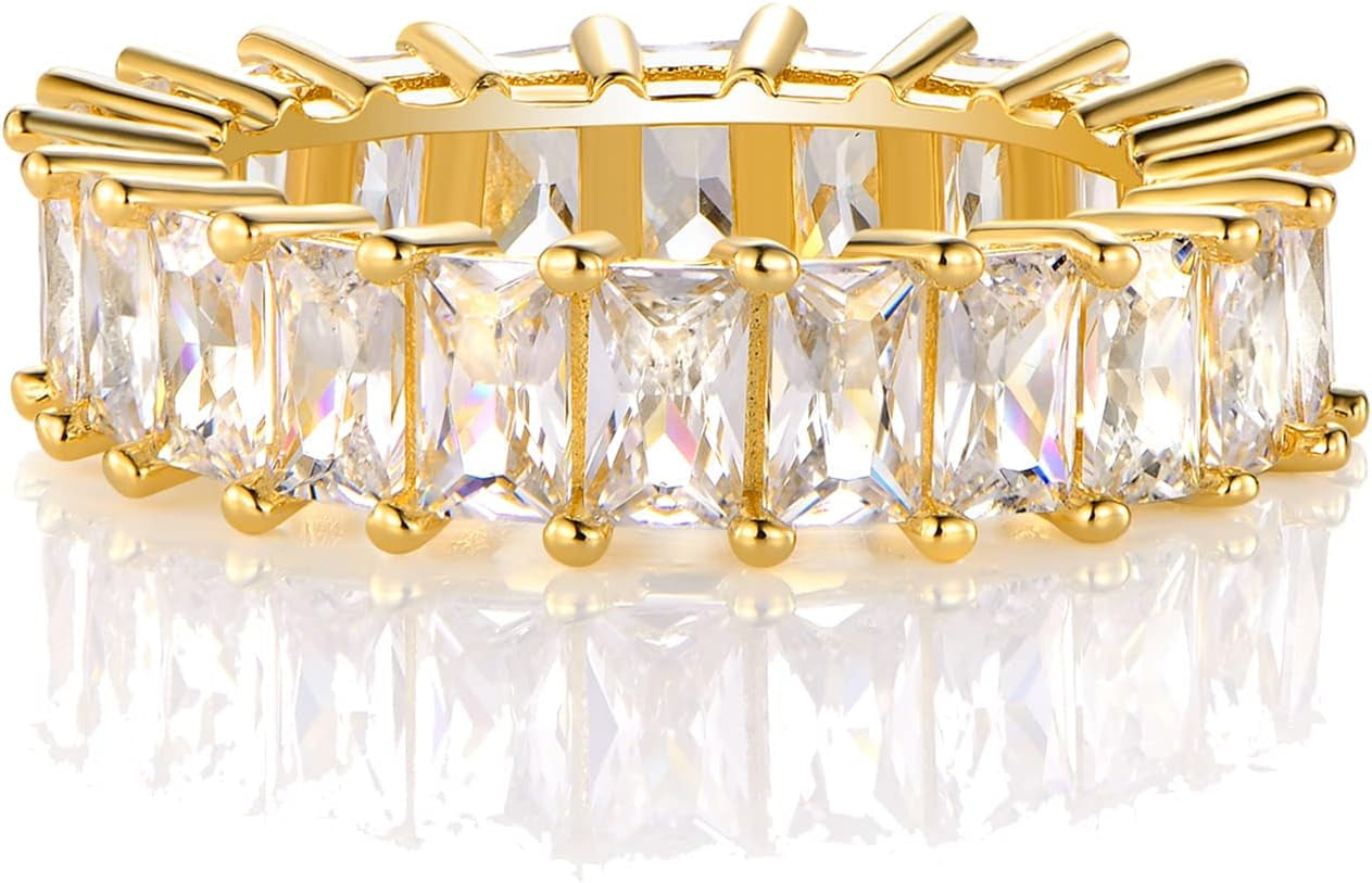 18K Gold Plated Ring Cubic Zirconia Emerald Cut Eternity Rings Gold Wedding Band