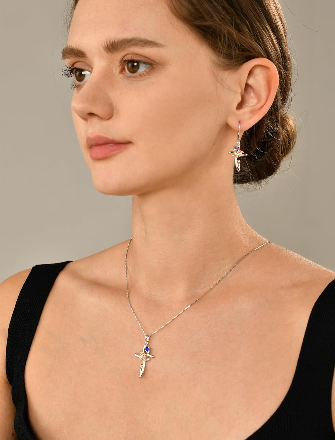Cross Necklace 925 Sterling Silver Rose Flower Crucifix Pendant Birthstone Criss Jewelry for Women