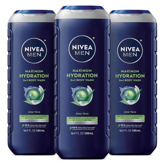Maximum Hydration Body Wash for Dry Skin, Aloe Vera Enriched, 3-In-1 Moisturizing Body Wash, Face and Hair, Paraben Free, Vegan Formula, 16.9 Fl Oz Bottle, Pack of 3