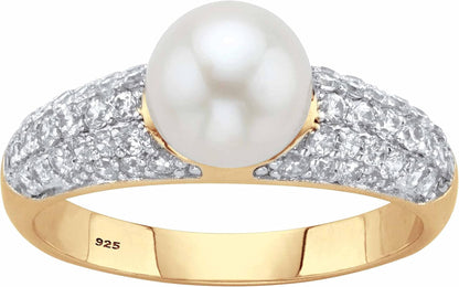 14K Yellow Gold over Sterling Silver Genuine round Cultured Freshwater Pearl and Cubic Zirconia Ring (5/8 Cttw)