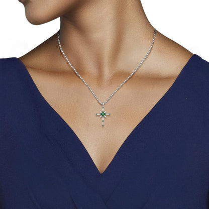 Sterling Silver 5 MM Cushion and 1.75X1.5 MM round Simulated Emerald and Baguette Created White Sapphire Cross Pendant Necklace, 18" Box Chain