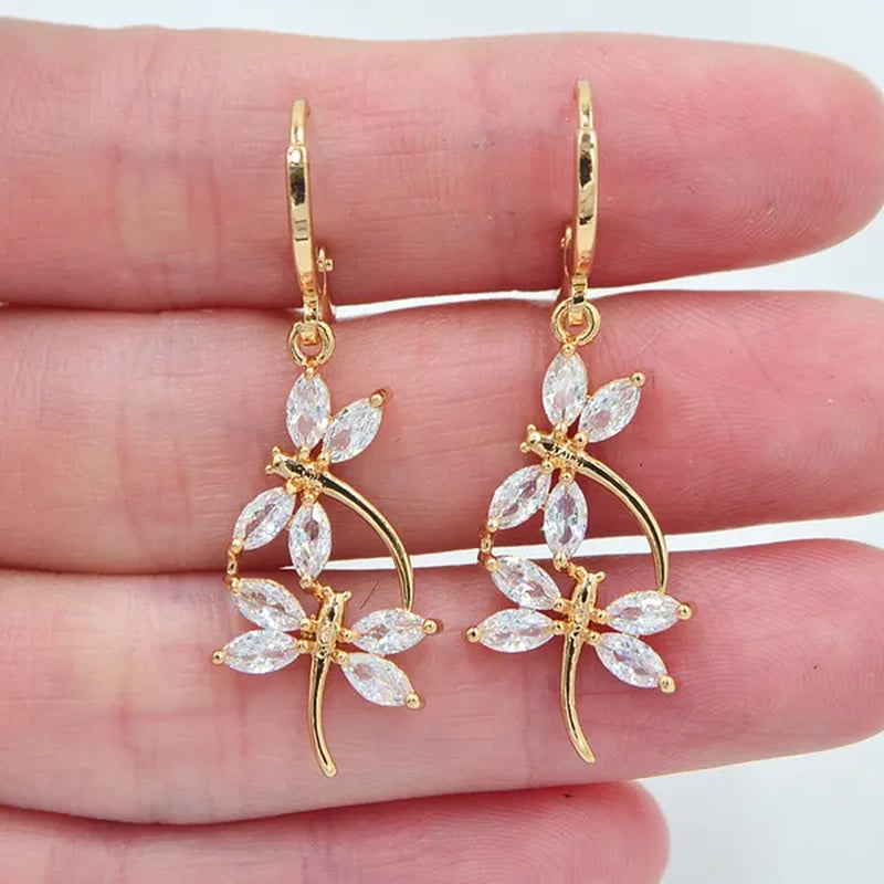Women Fashion Clear White Cubic Zirconia CZ Dragonfly Dangle Earrings Jewelry