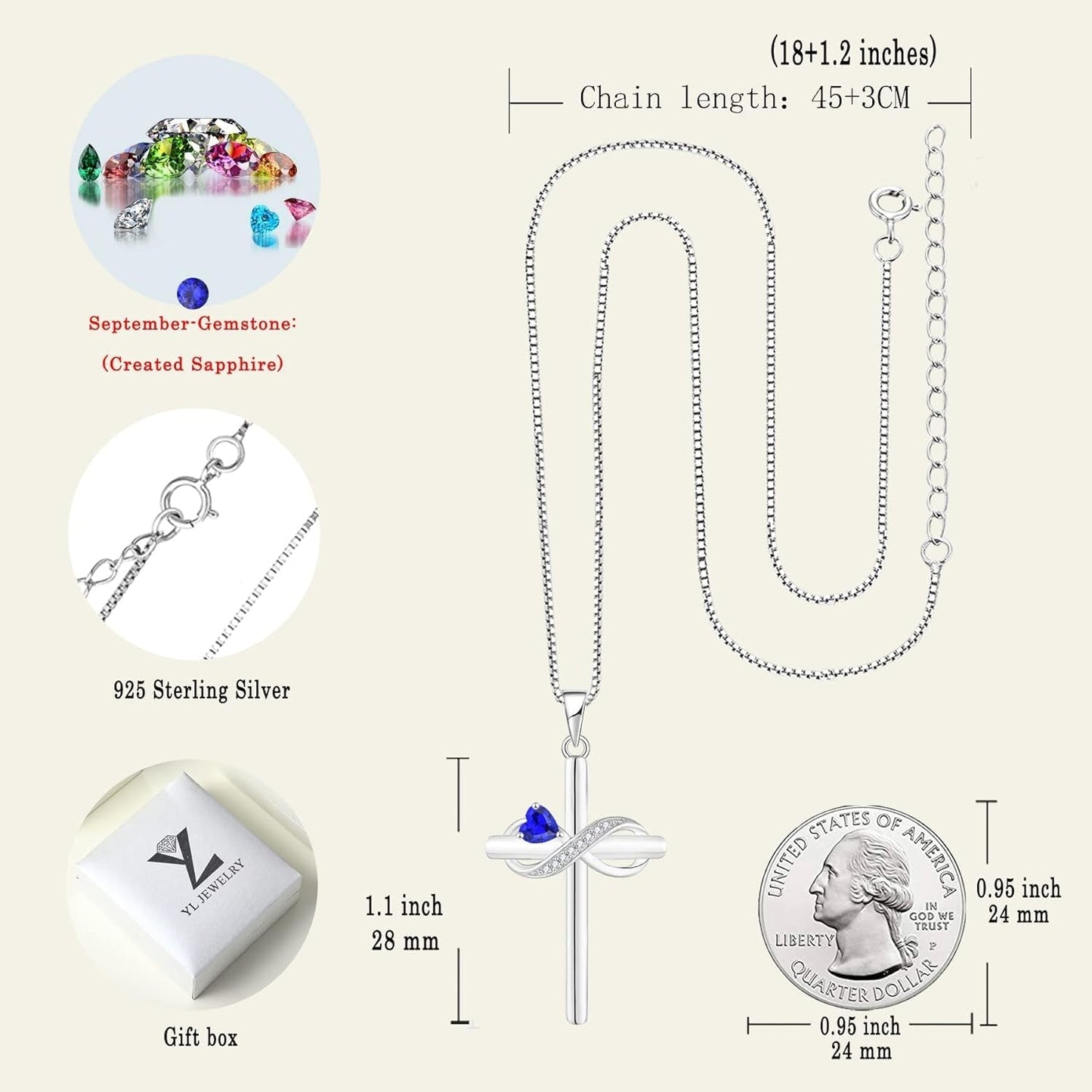 Infinity Cross Necklace Sterling Silver Crucifix Pendant Heart Birthstone Criss Jewelry for Women