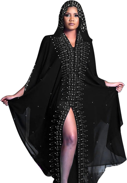 Muslim Dress for Women Loose Batwing Sleeved Hooded Beaded Embroidery Long Abaya Dress Kaftan Abayas Islamic Robe - WORLD TIME VISITS