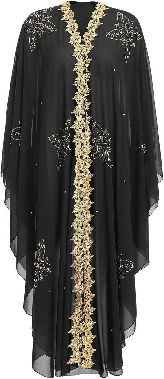 Muslim Dress for Women Loose Batwing Sleeved Hooded Beaded Embroidery Long Abaya Dress Kaftan Abayas Islamic Robe